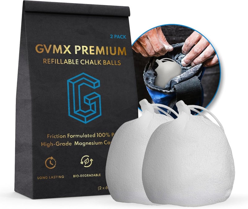 GVMX 130g (2 x 65g) Premium Chalk Balls. Pro-Grade Gym Chalk in Refillable Sock. Eco Friendly Packaging. Grip Enhancing Gym Accessory for Weightlifting, Rock Climbing, Gymnastics & More. Package May Vary. - Image 1
